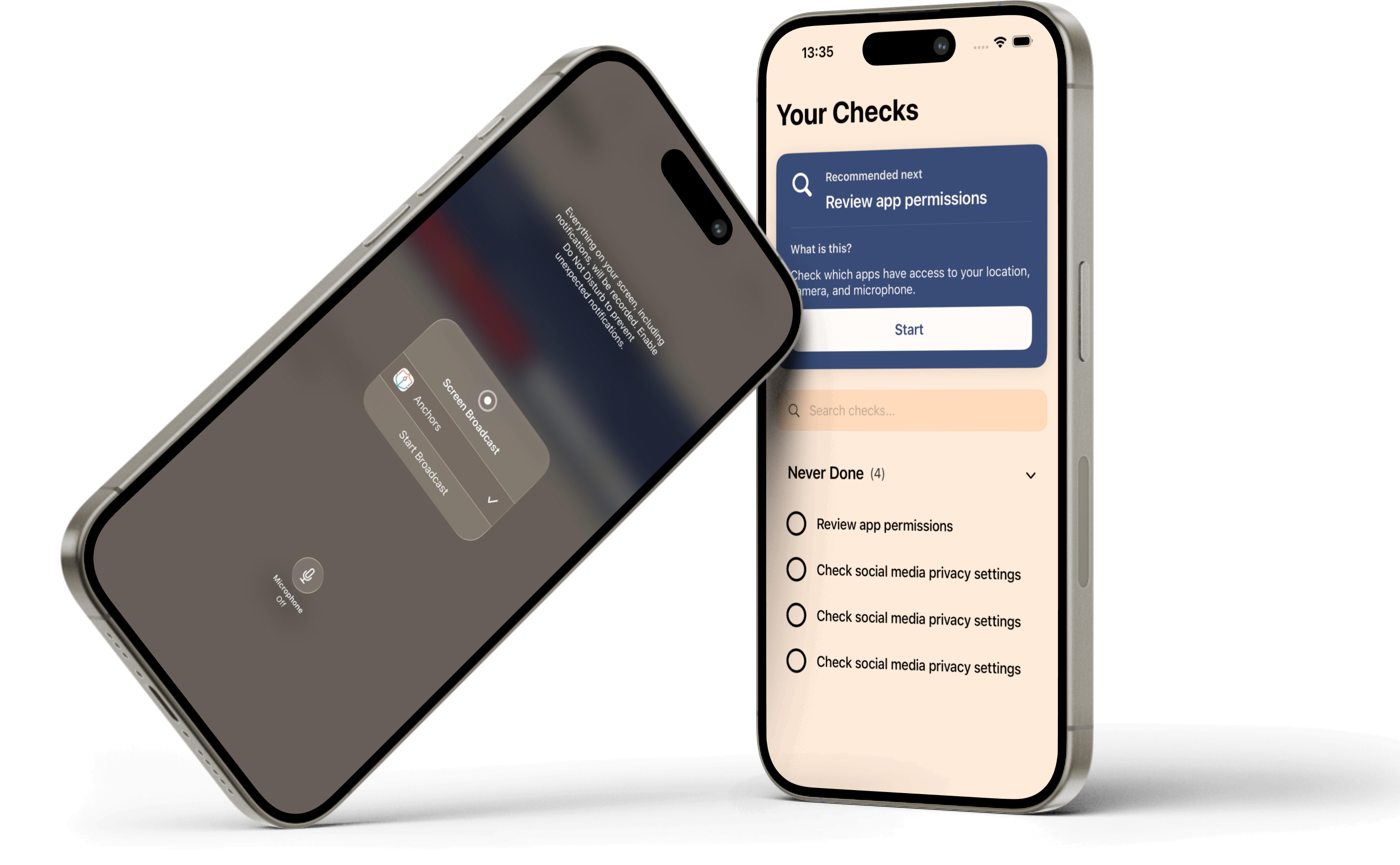 Anchors App displaying screen broadcast and security checklist on two iPhones